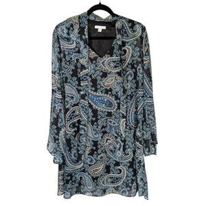 New York & Company Long Sleeve Blue Paisley Mini Dress Women's Medium